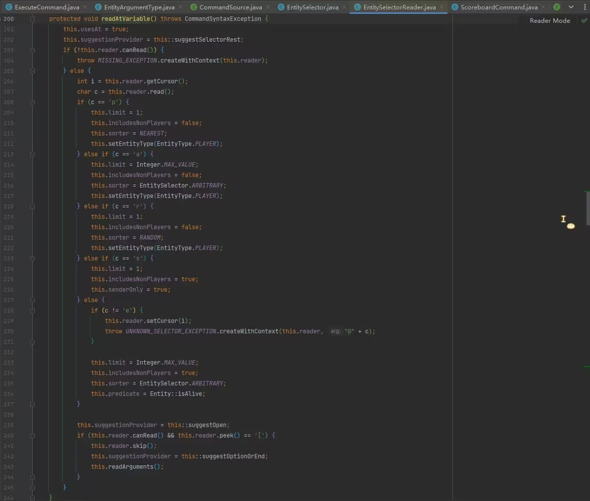 EntitySelectorReader#readAtVariable