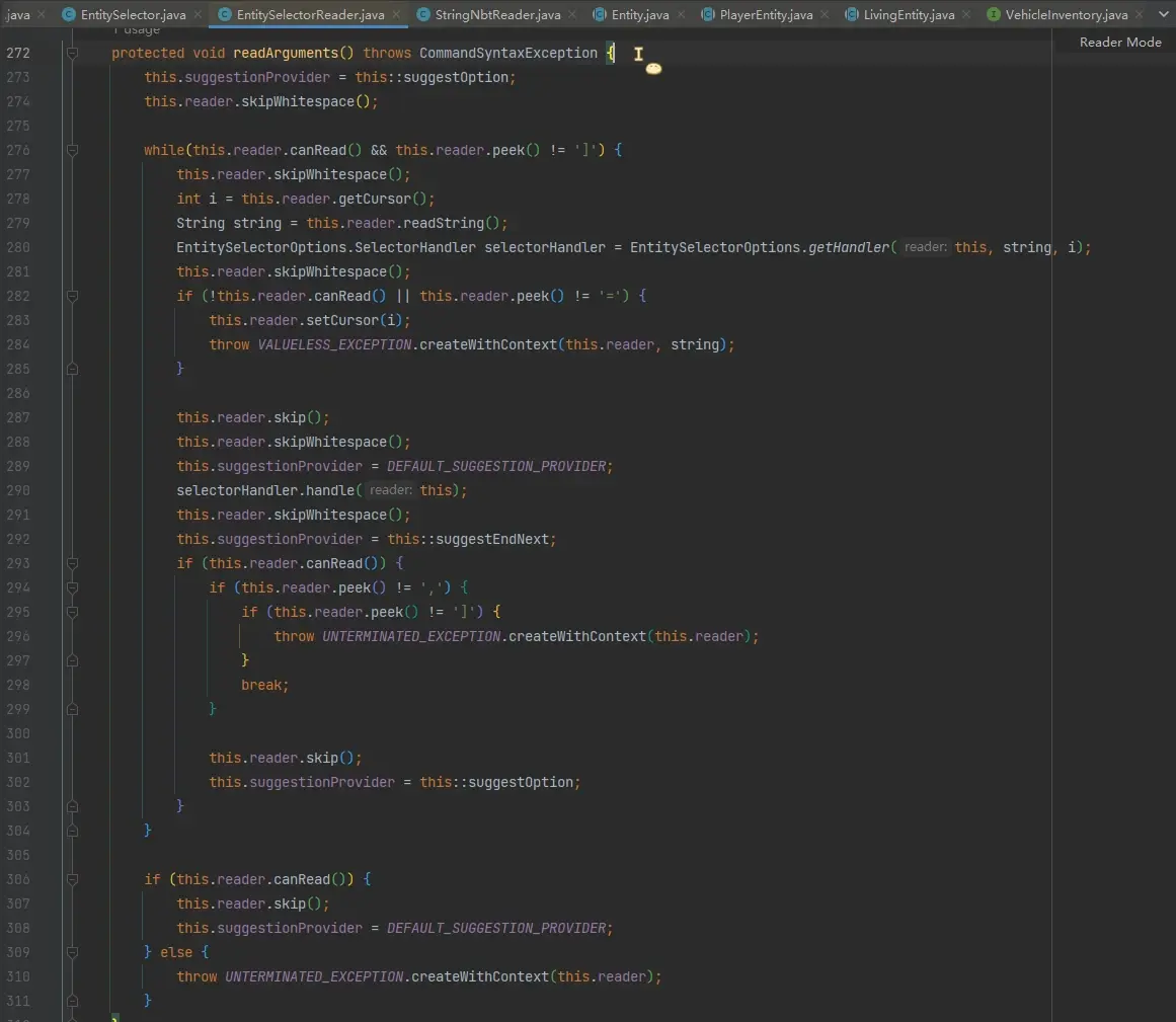 EntitySelectorReader#readArguments